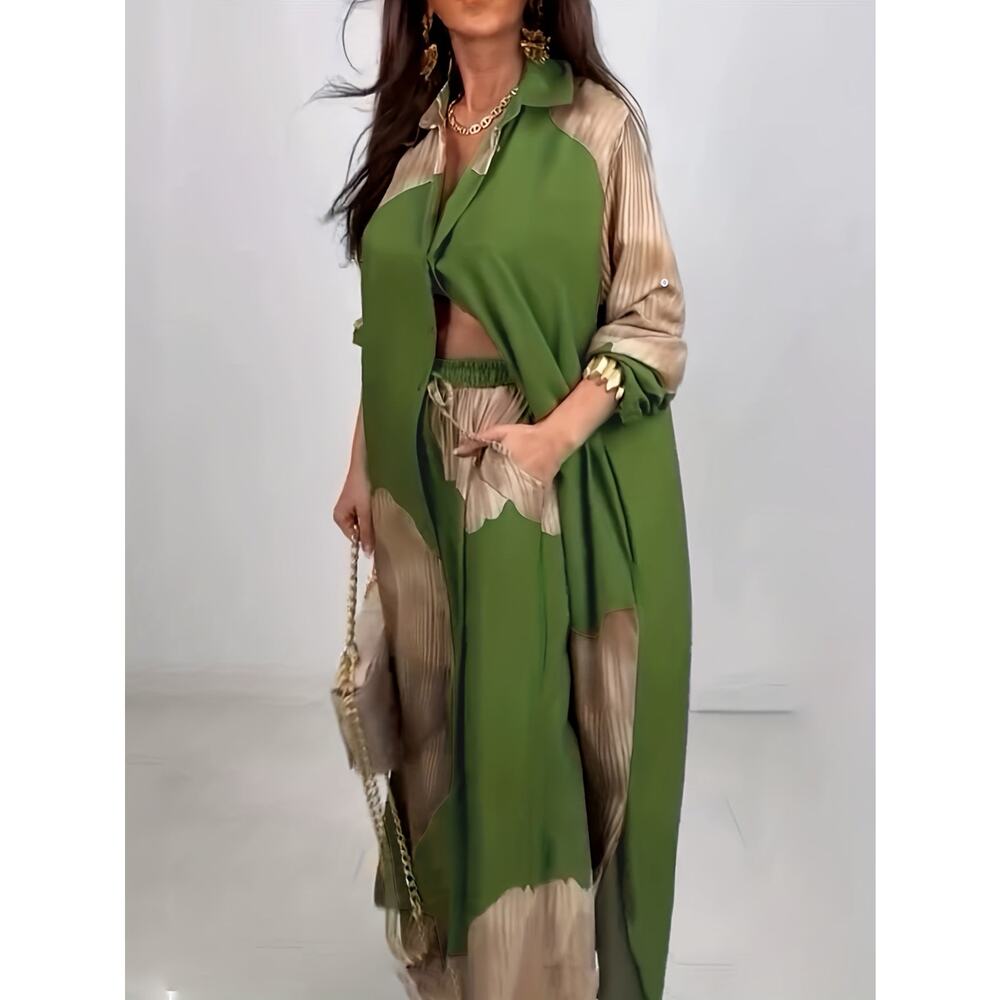 Luxury Green Colorblock Satin Oversized Button-Down Shirt & Wide-Leg Pants - Picture 5 of 5